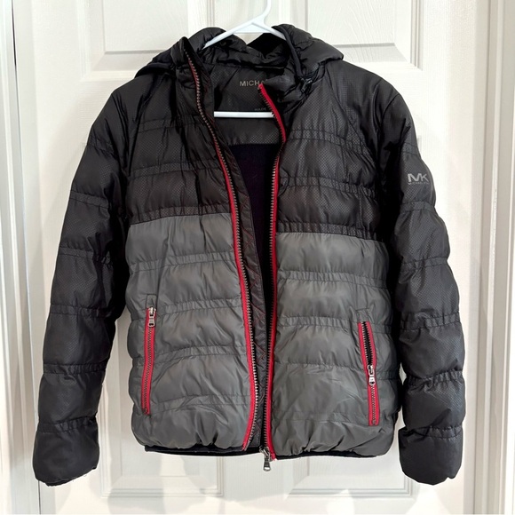 Michael Kors Puffer Zip Up Hood Gray Black Winter Jacket Coat Boys 14/16 Pocket - Picture 3 of 13